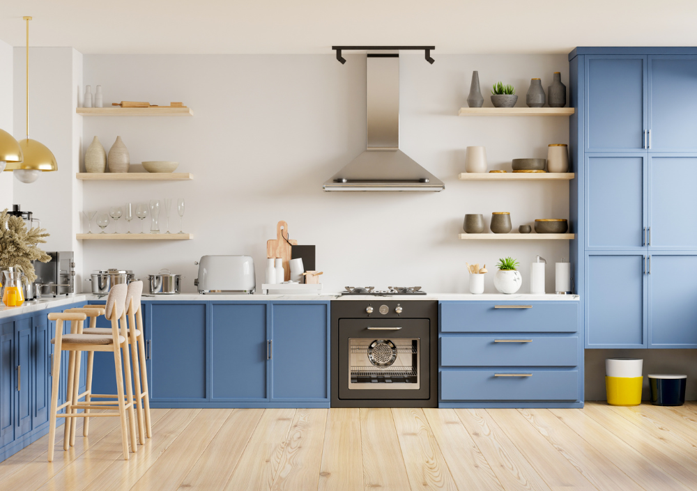 Freshly painted kitchen cabinets with smooth factory-style finish